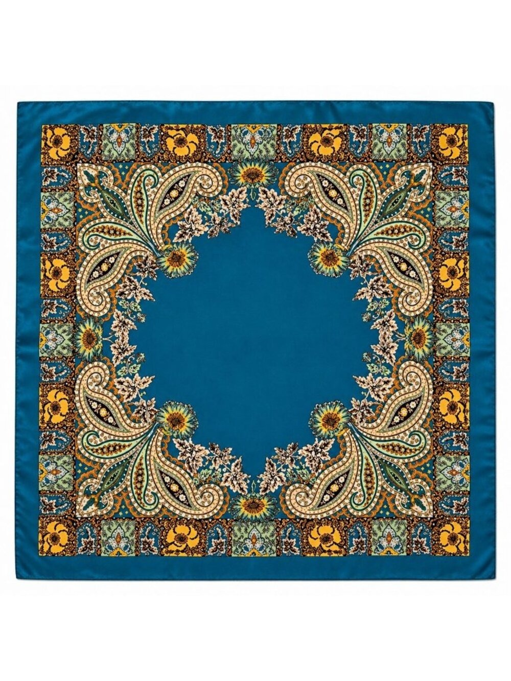 Luxury Paisley Floral Satin Scarf for Women – 35” Square Teal Blue Gold Sage